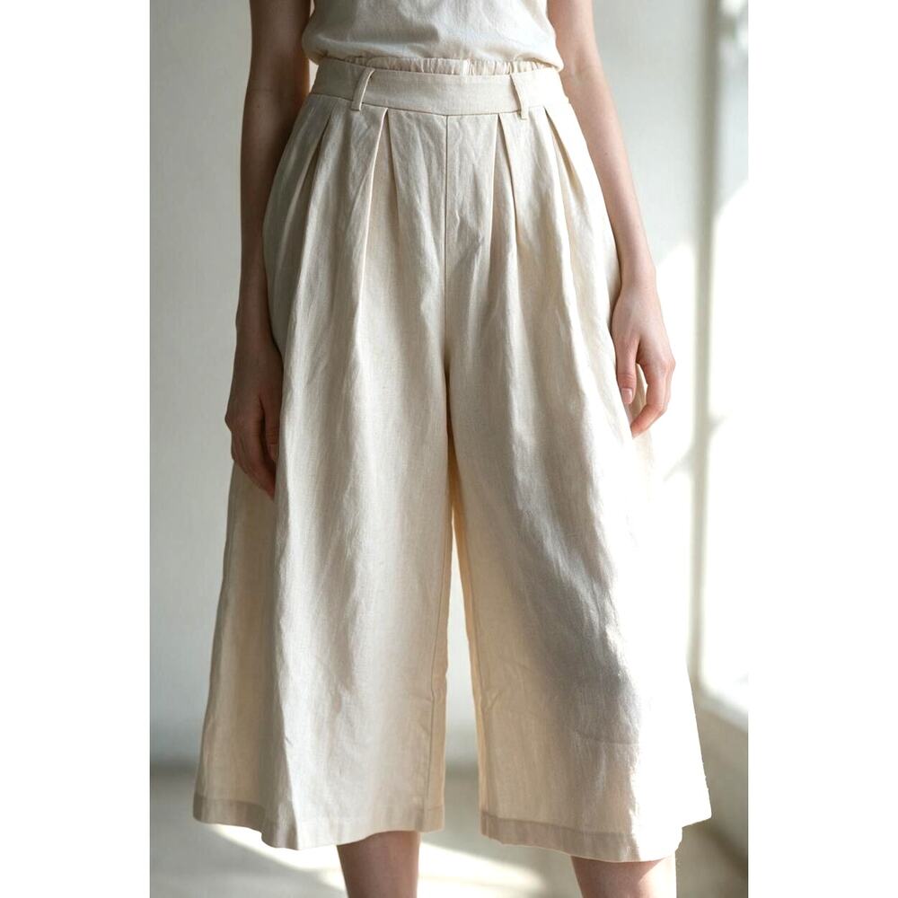 NWT Culotte Pants Pleated Wide Leg Easel Cream Off White Elastic Waist Sz Large